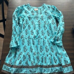 TUCKER NUCK Turquoise Floral Tiered Cotton Dress XS